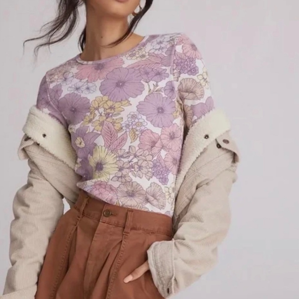 T.la | Anthro Retro Floral Pattern Micro Ribbing Texture Long Sleeve Shirt Top